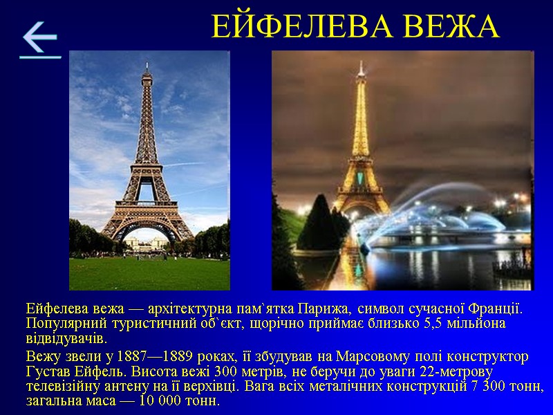 ЕЙФЕЛЕВА ВЕЖА  Ейфелева вежа — архітектурна пам`ятка Парижа, символ сучасної Франції. Популярний туристичний